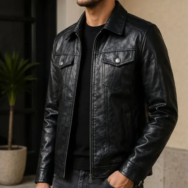 Men's Black Leather Jacket Zip Up trucker style with chest pockets front view — Trifecta Moto Gears