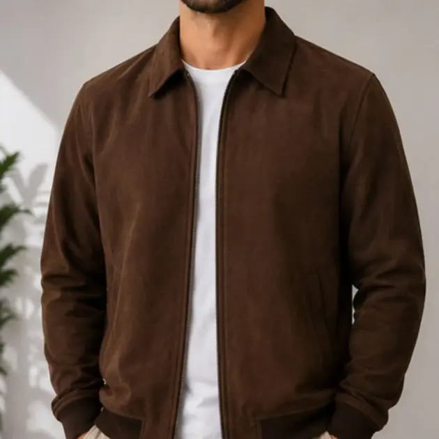 Men's Brown Suede Bomber Jacket front view lightweight zip-up minimalist — Trifecta Moto Gears